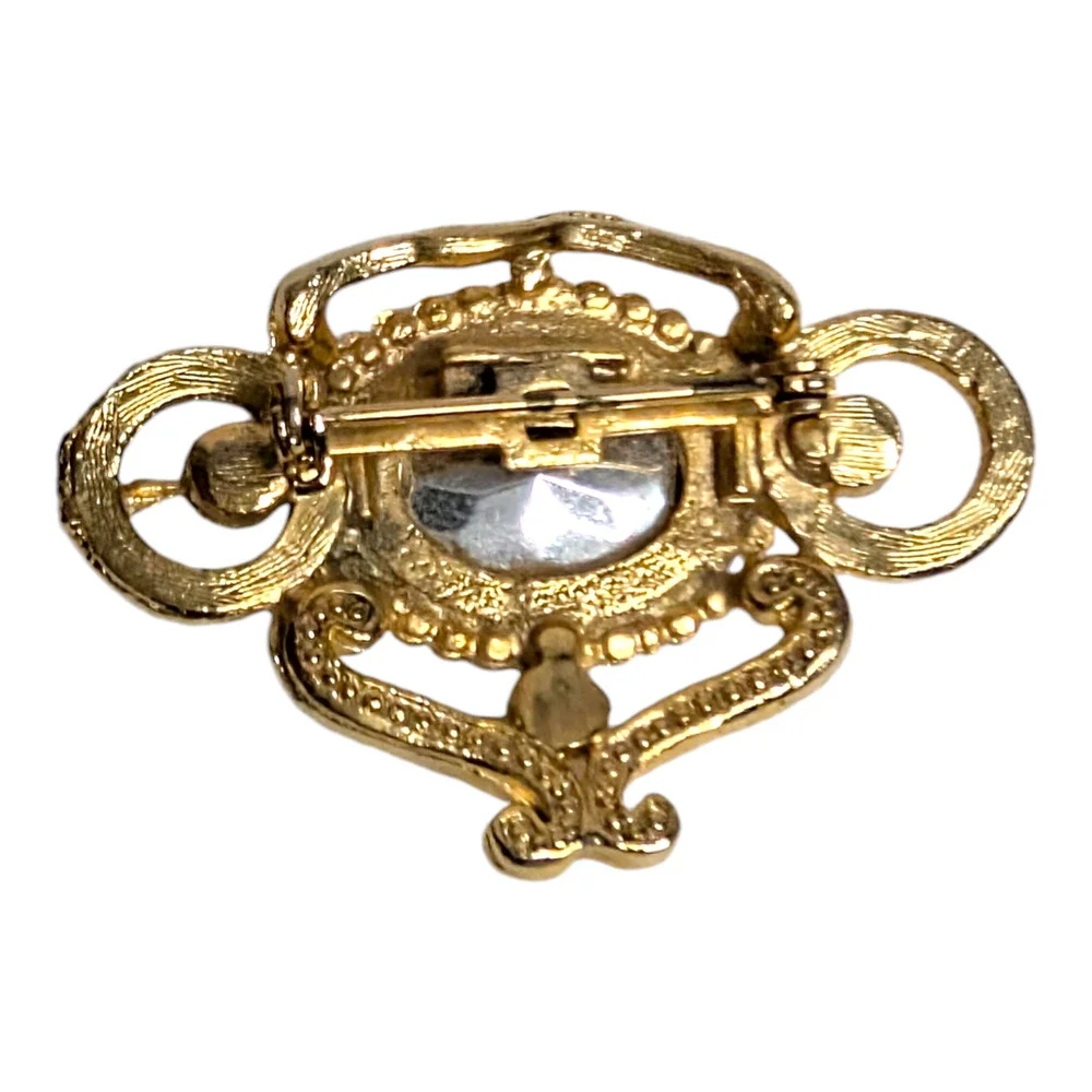 Gold Metal with Faux Aquamarine Stone Brooch Pin Elegant Elaborate‎ Vtg Jewelry